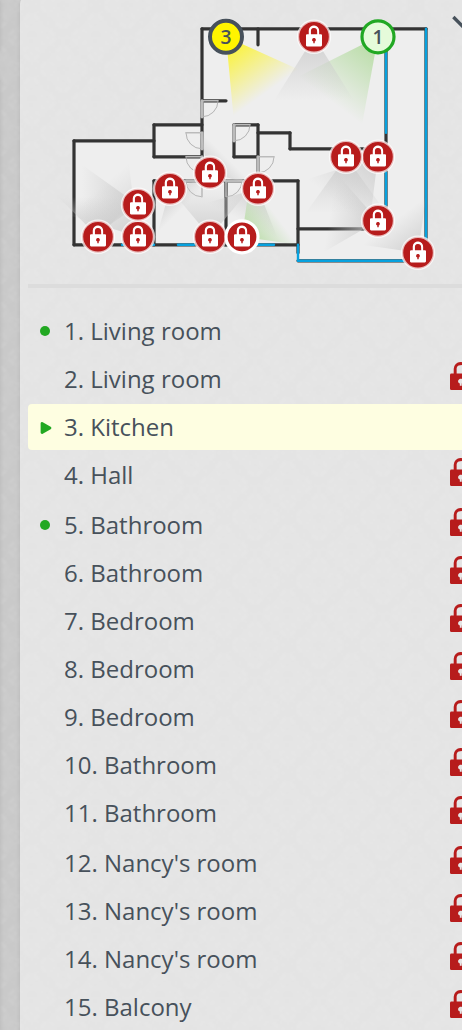 Panneau des pièces d'un appartement RealLifeCam : plan schématique et liste numérotée de quinze pièces avec cadenas